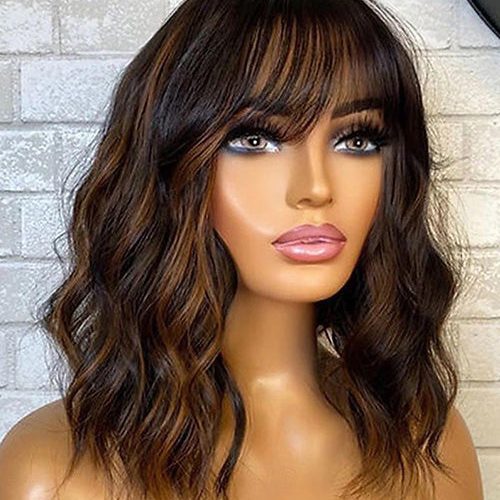 13x5BrownHighlightGluelessWigsWithBangsLooseWavyPreEverythingWigs 2